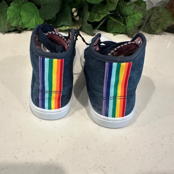 Bobbie Brooks Girls Denim High-Top Sneakers With Rainbow Stripe Accent & Pink Li - Picture 6 of 7